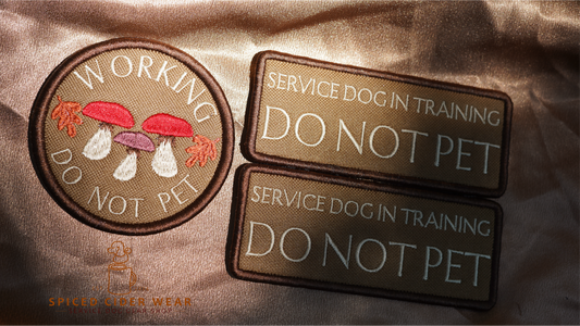 Three patches on a brown fabric background, including 'Working Do Not Pet', 'Service Dog in Training Do Not Pet', and 'Service Dog in Training'.